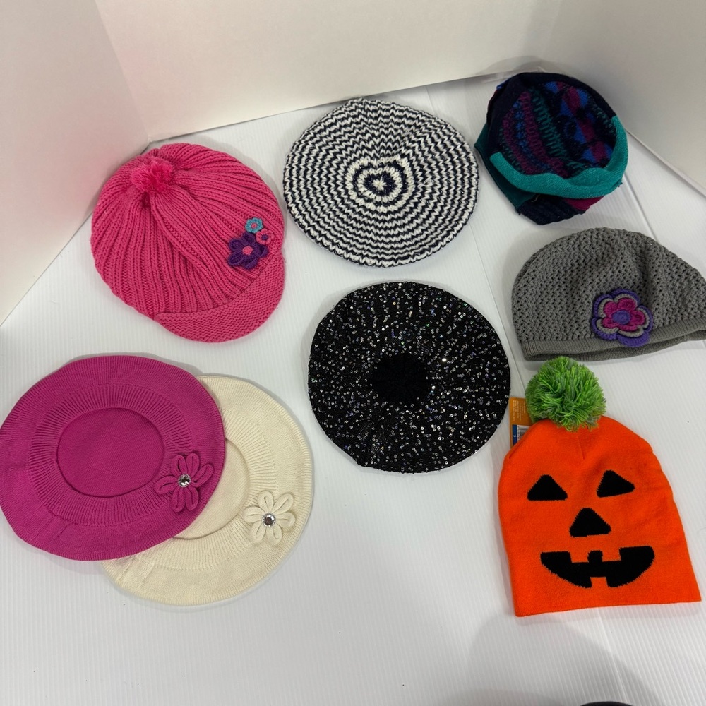 505. Lot of‎ 8 Colorful Kids' Knit Hat Collection (ages 8-14)